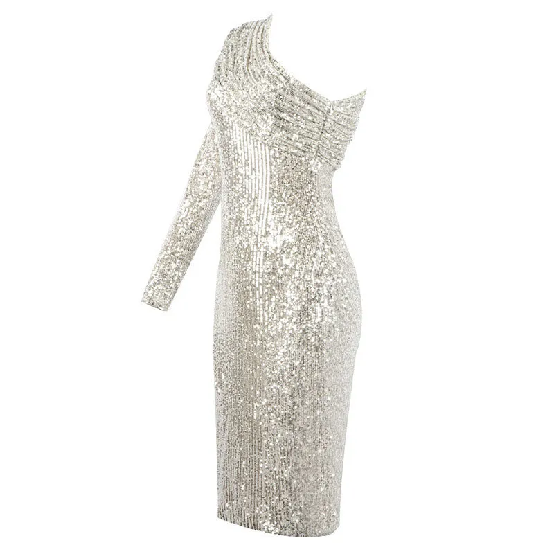 Flytonn- Sparkly One Shoulder Long Sleeved Bodycon Sequin Midi Dress - Gold
