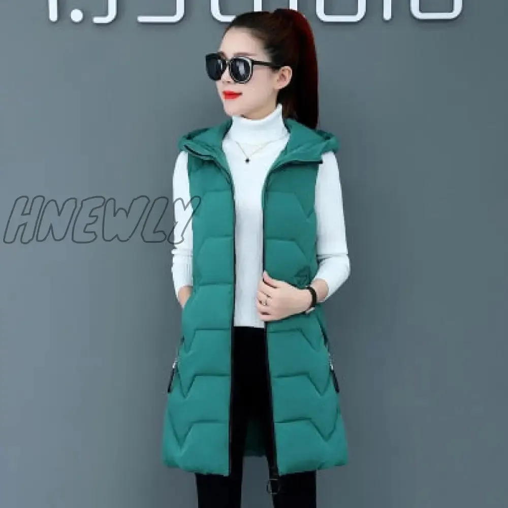 Hnewly Fashion New Autumn Winter Long Cotton Vest Women Jacket Korean Hooded Sleeveless Coat Plus Size Slim Warm Ladies Waistcoat 3XL