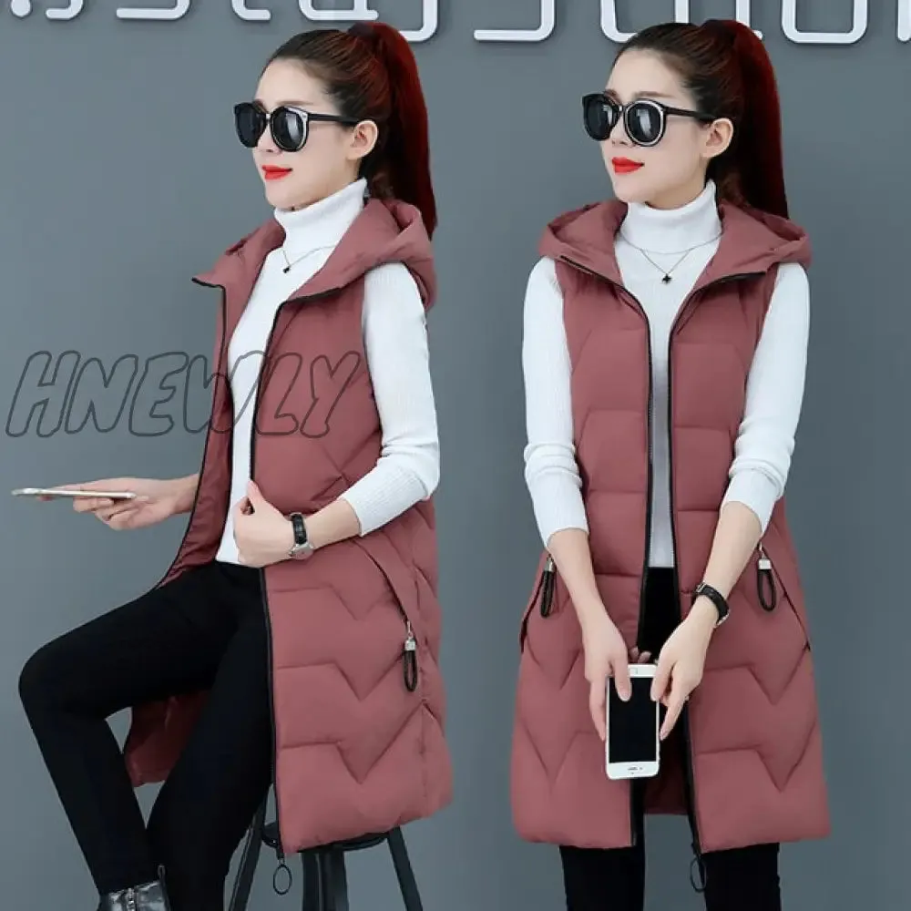 Hnewly Fashion New Autumn Winter Long Cotton Vest Women Jacket Korean Hooded Sleeveless Coat Plus Size Slim Warm Ladies Waistcoat 3XL