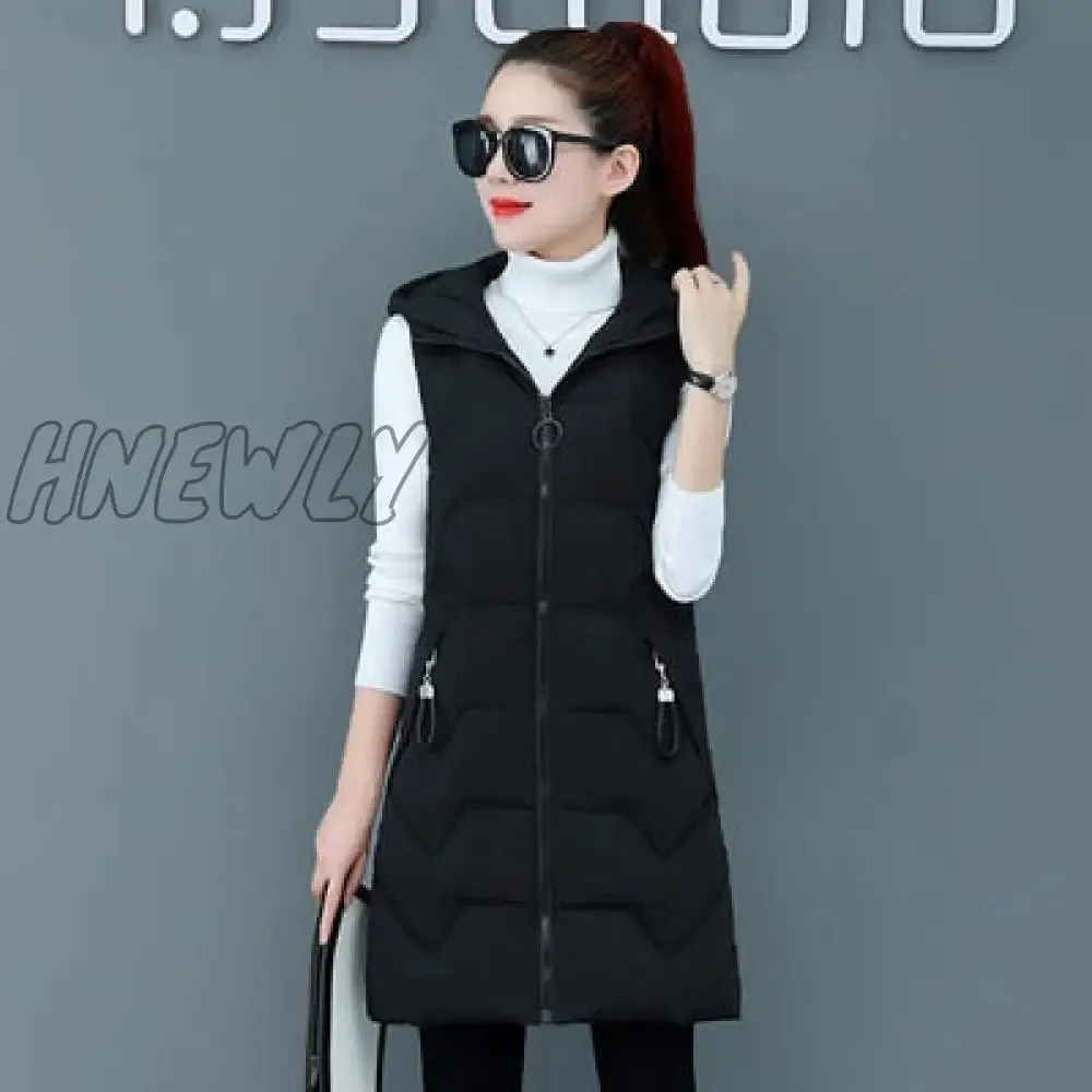 Hnewly Fashion New Autumn Winter Long Cotton Vest Women Jacket Korean Hooded Sleeveless Coat Plus Size Slim Warm Ladies Waistcoat 3XL