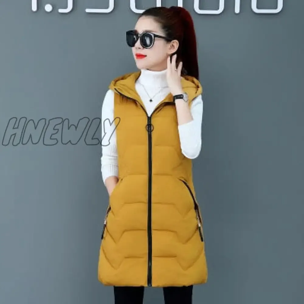 Hnewly Fashion New Autumn Winter Long Cotton Vest Women Jacket Korean Hooded Sleeveless Coat Plus Size Slim Warm Ladies Waistcoat 3XL