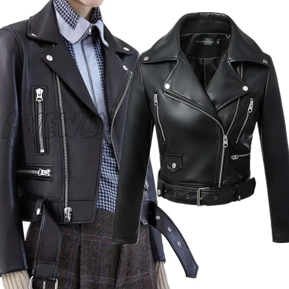 Hnewly New Women Autumn Winter Black Faux Leather Jackets Zipper Basic Coat Turn-down Collar Motor Biker Jacket With Belt