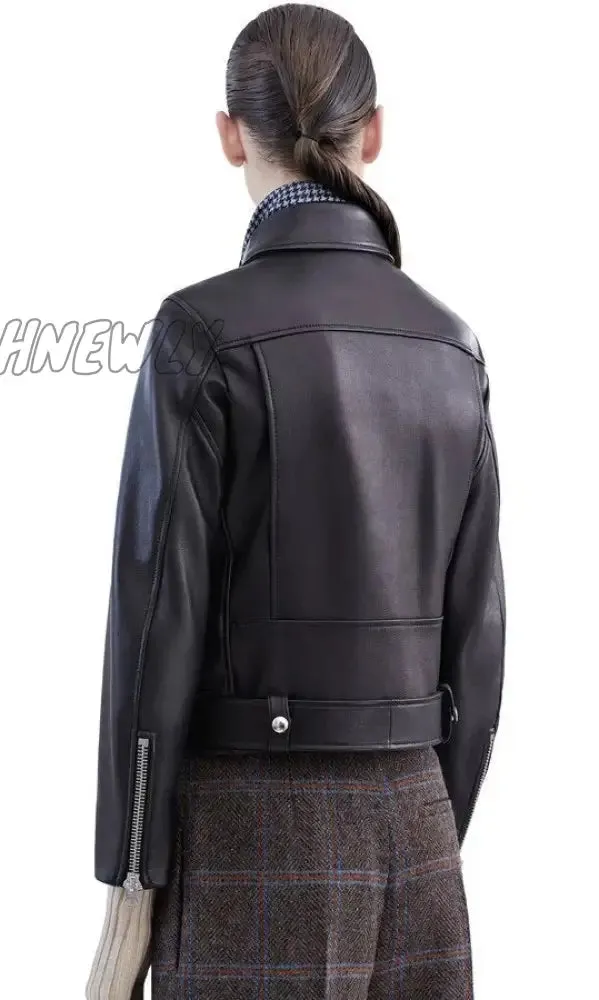 Hnewly New Women Autumn Winter Black Faux Leather Jackets Zipper Basic Coat Turn-down Collar Motor Biker Jacket With Belt