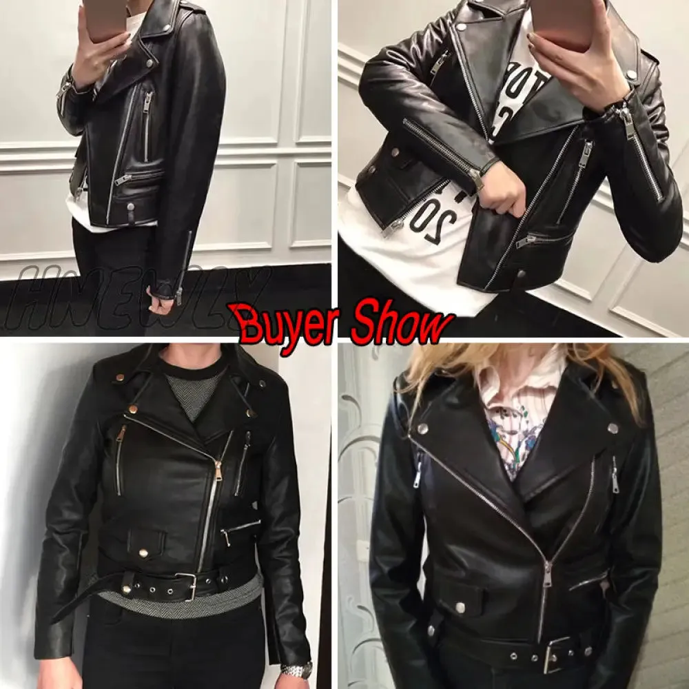 Hnewly New Women Autumn Winter Black Faux Leather Jackets Zipper Basic Coat Turn-down Collar Motor Biker Jacket With Belt