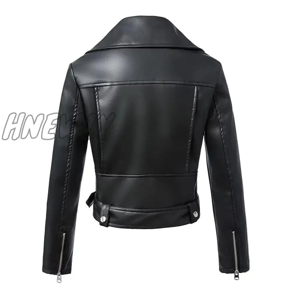 Hnewly New Women Autumn Winter Black Faux Leather Jackets Zipper Basic Coat Turn-down Collar Motor Biker Jacket With Belt