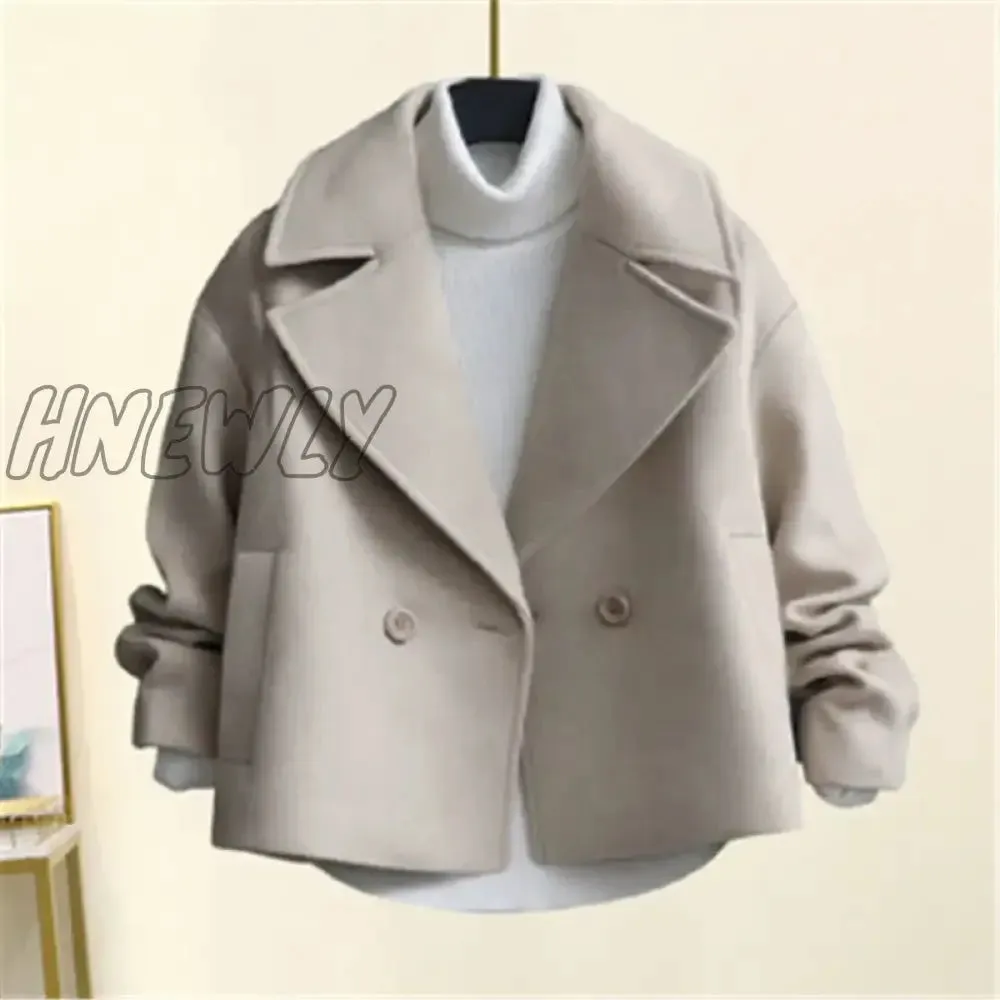 Hnewly Woolen Jacket Women's Spring Autumn New Korean Version Of Solid Color Slim Long-sleeved Lapel Short Coat Fashion Commuting