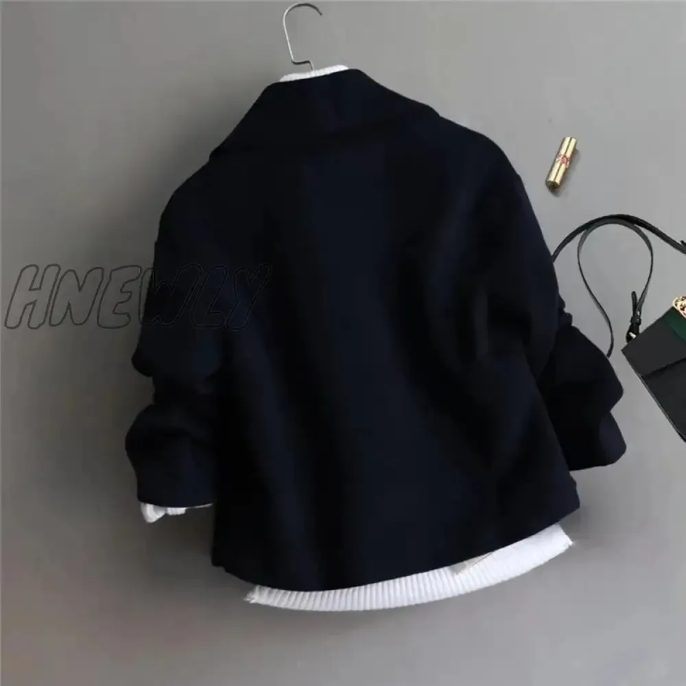 Hnewly Woolen Jacket Women's Spring Autumn New Korean Version Of Solid Color Slim Long-sleeved Lapel Short Coat Fashion Commuting
