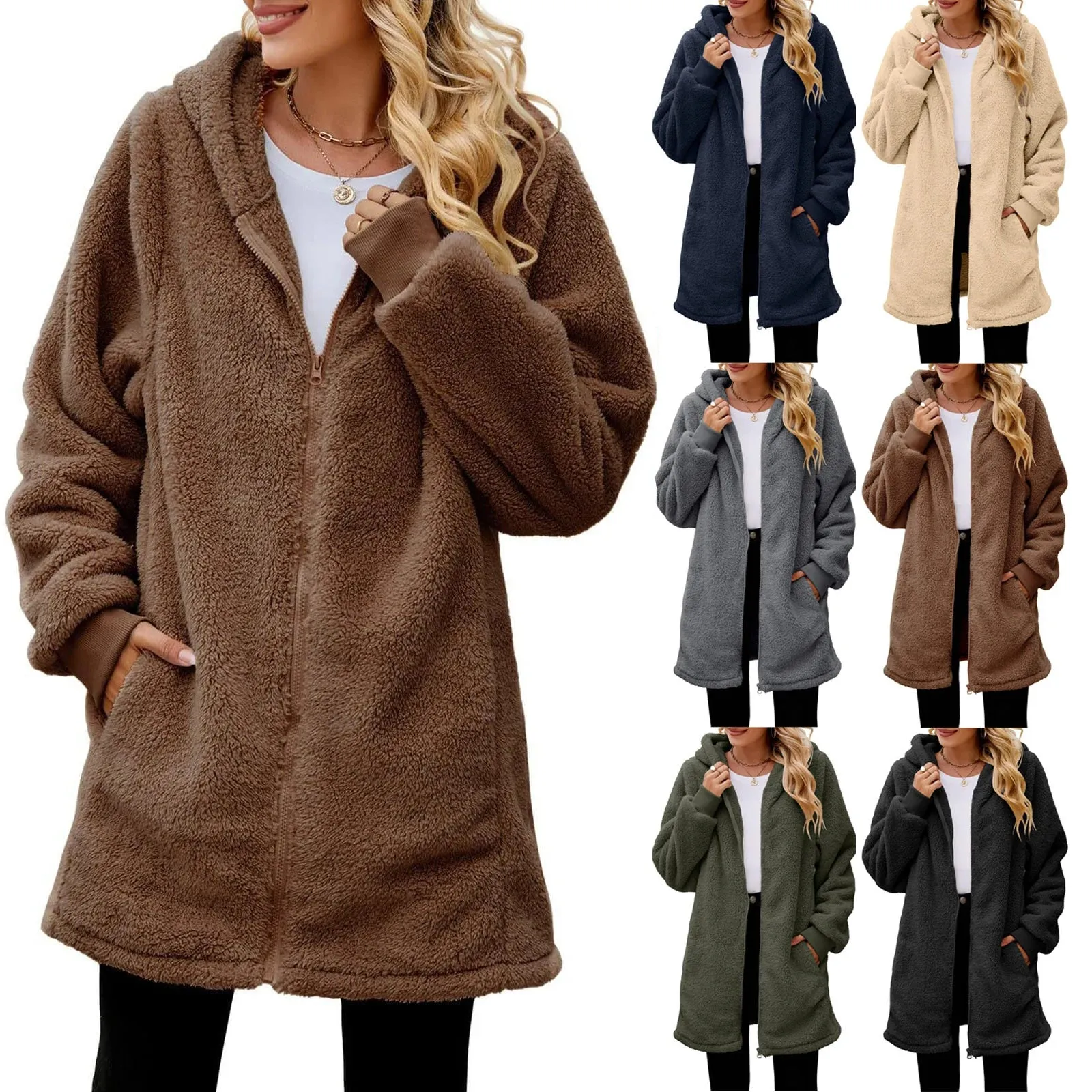 Hooded Plush Loose Zipper Casual Solid Long Sleeved Lightweight Jacket Simple Long Coat Winter Woman Outwear Clothes New Vintage