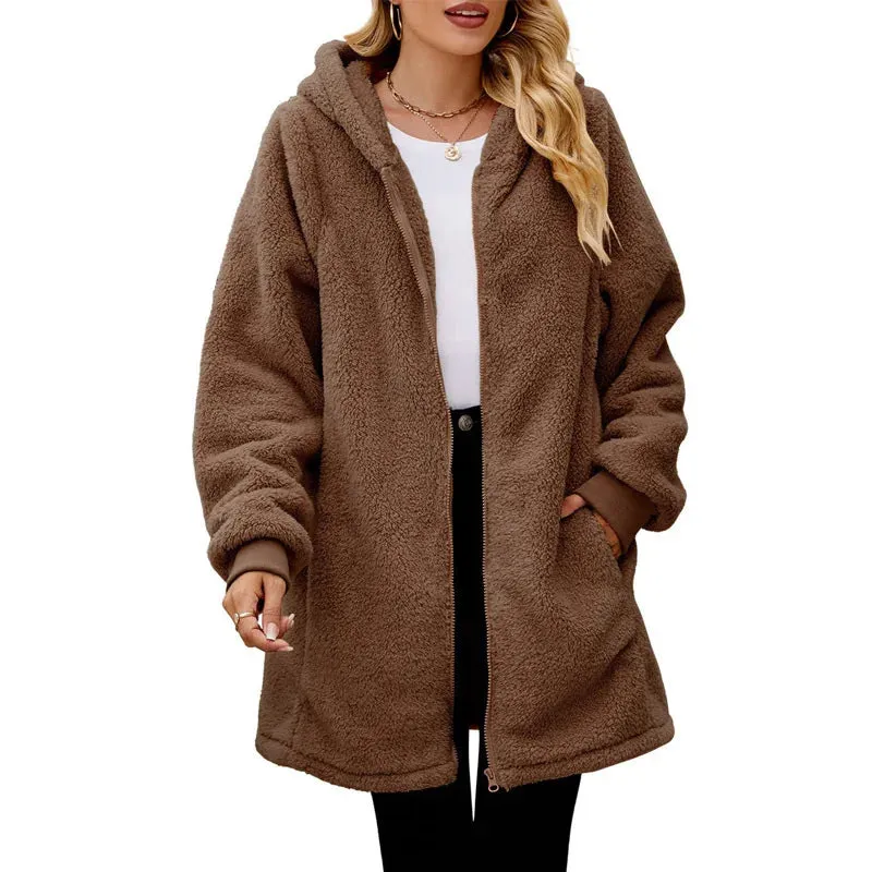 Hooded Plush Loose Zipper Casual Solid Long Sleeved Lightweight Jacket Simple Long Coat Winter Woman Outwear Clothes New Vintage