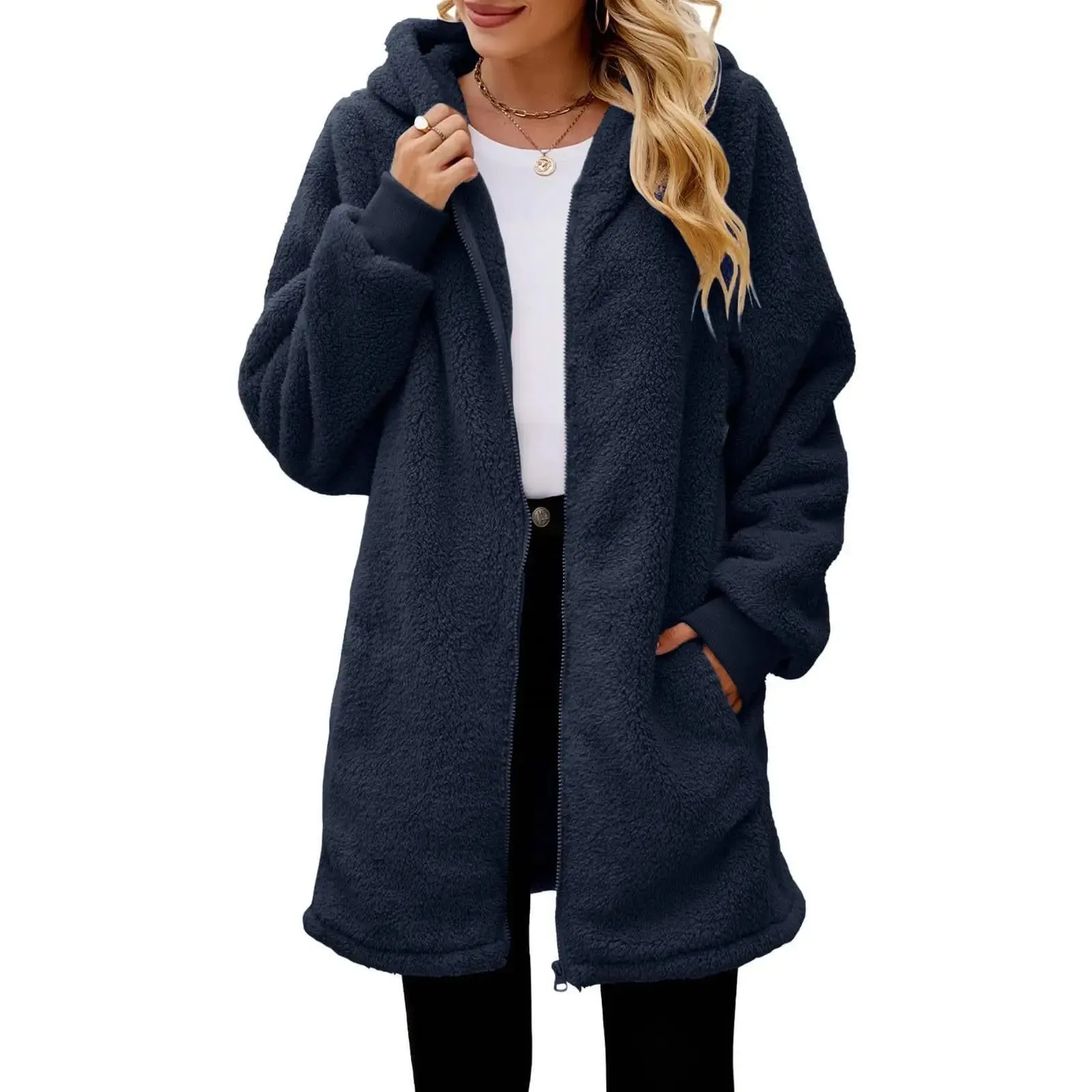 Hooded Plush Loose Zipper Casual Solid Long Sleeved Lightweight Jacket Simple Long Coat Winter Woman Outwear Clothes New Vintage