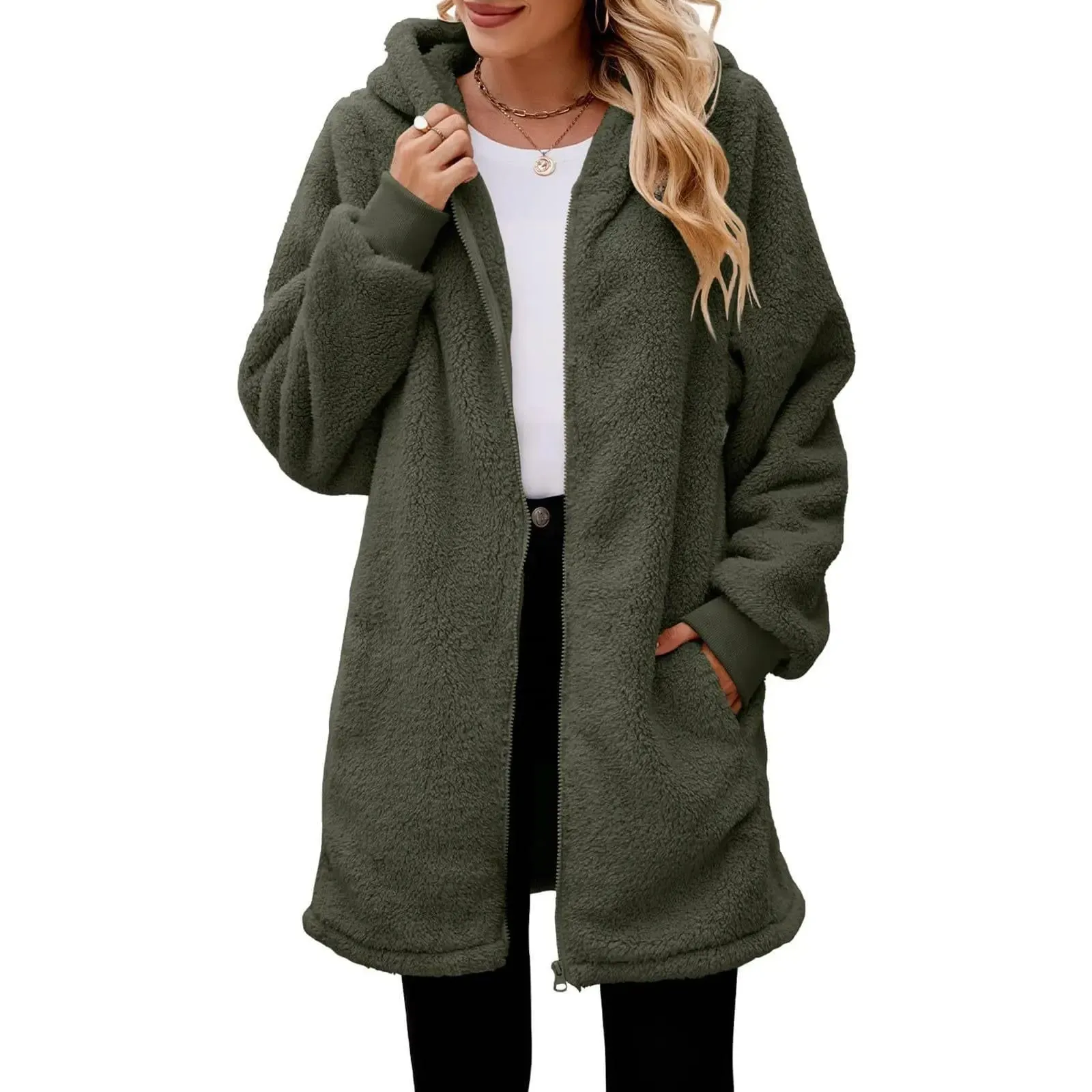 Hooded Plush Loose Zipper Casual Solid Long Sleeved Lightweight Jacket Simple Long Coat Winter Woman Outwear Clothes New Vintage