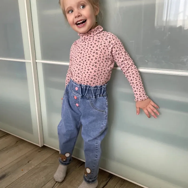 Kids Girl Jeans Floral Cartoon Long Pants Spring Autumn Graffiti Painting Print Casual Trousers with Hole Children Denim Pants