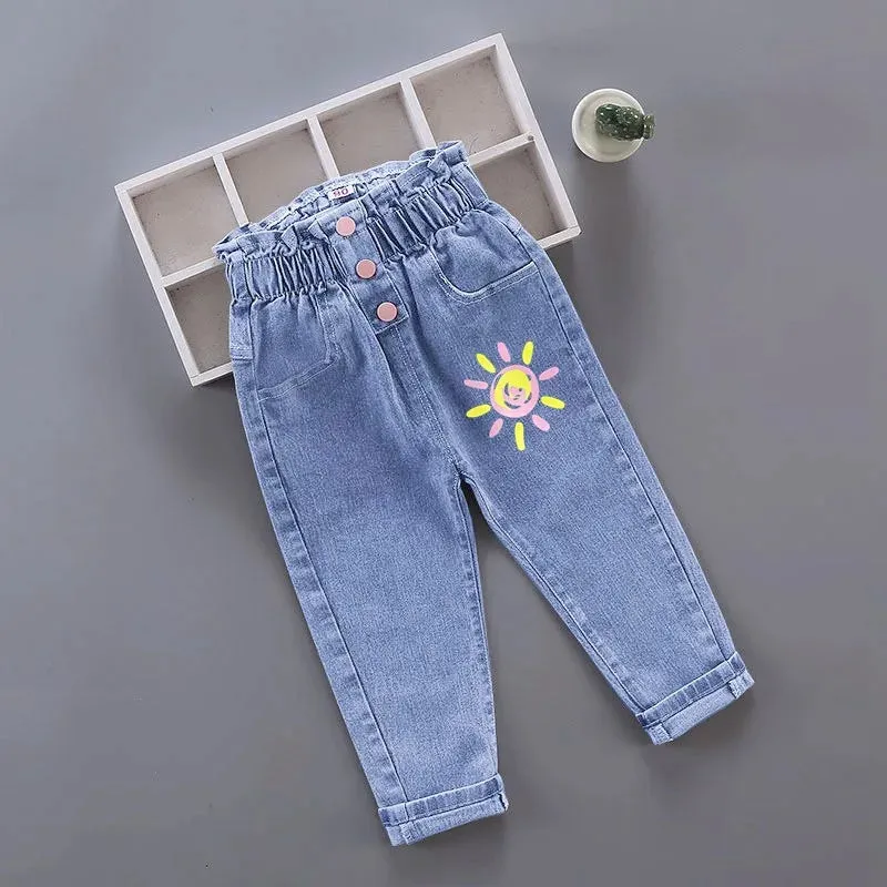 Kids Girl Jeans Floral Cartoon Long Pants Spring Autumn Graffiti Painting Print Casual Trousers with Hole Children Denim Pants