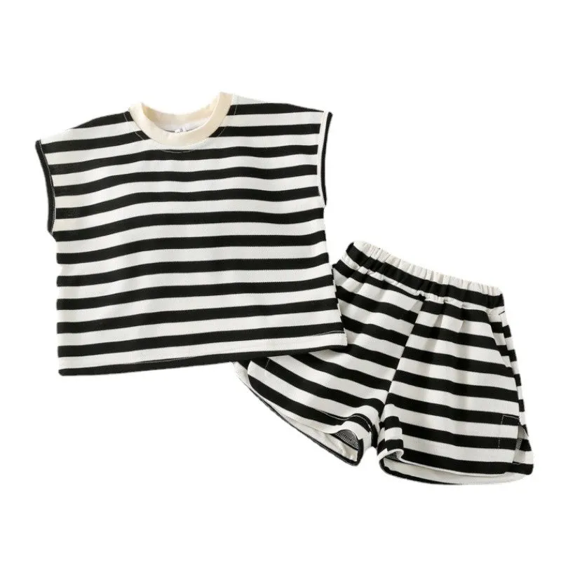 Kids Stripped Shorts SetCrewneck vest Horizontal Stripe Shorts Elastic Waist Cotton Outfit by Kaja Clothing - Arlo Suit