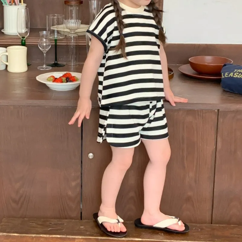 Kids Stripped Shorts SetCrewneck vest Horizontal Stripe Shorts Elastic Waist Cotton Outfit by Kaja Clothing - Arlo Suit