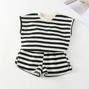 Kids Stripped Shorts SetCrewneck vest Horizontal Stripe Shorts Elastic Waist Cotton Outfit by Kaja Clothing - Arlo Suit