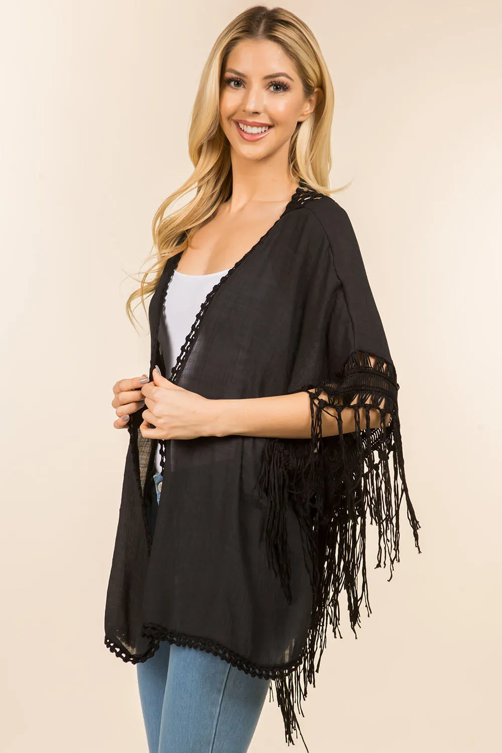 KP-4142 solid color kimono with crochet detail back design