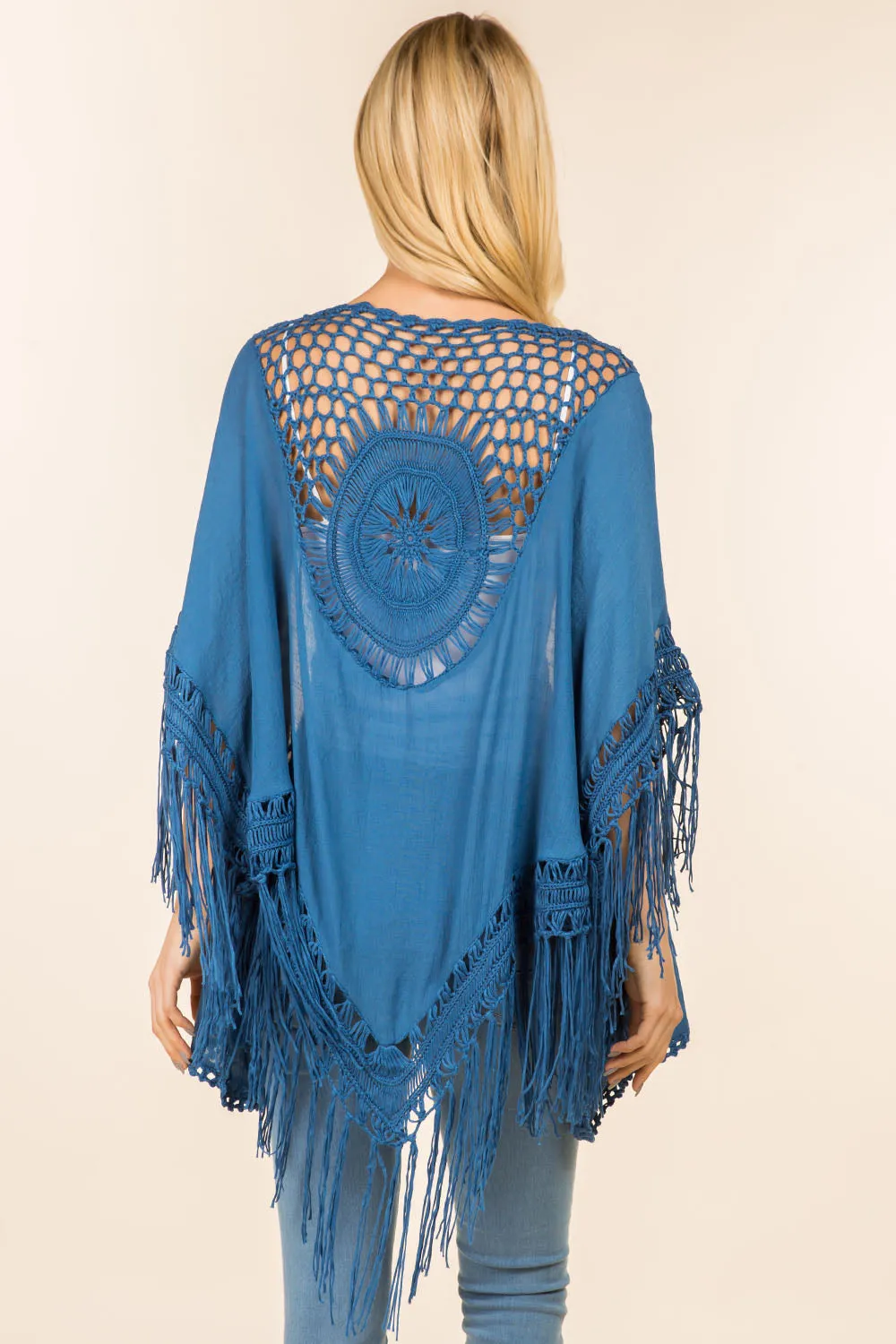 KP-4142 solid color kimono with crochet detail back design