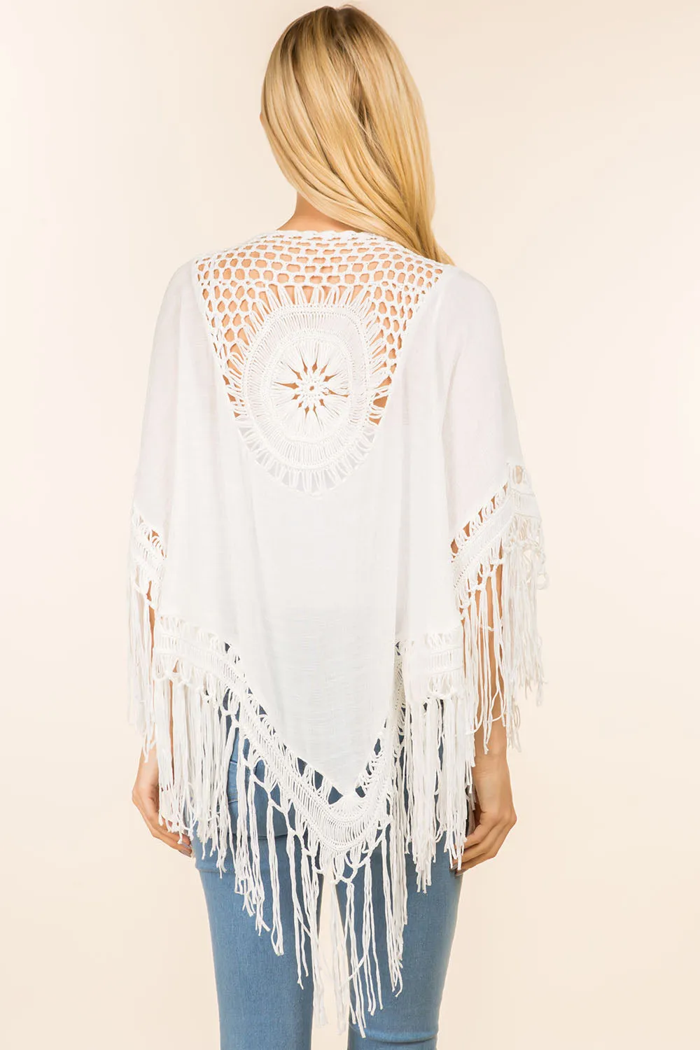 KP-4142 solid color kimono with crochet detail back design