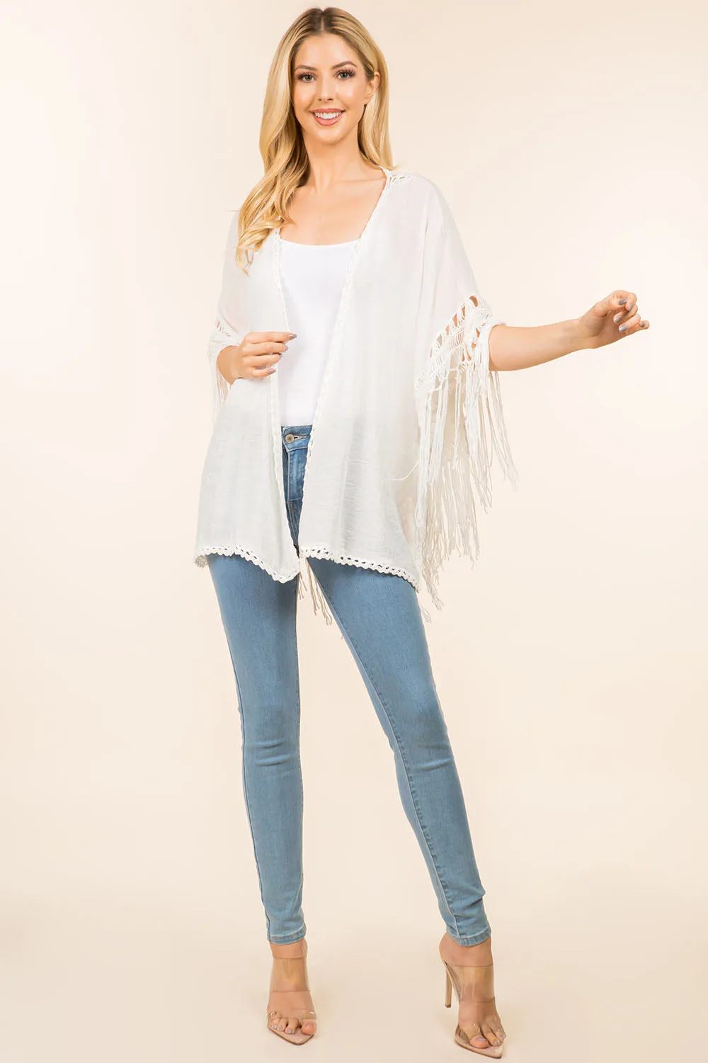 KP-4142 solid color kimono with crochet detail back design