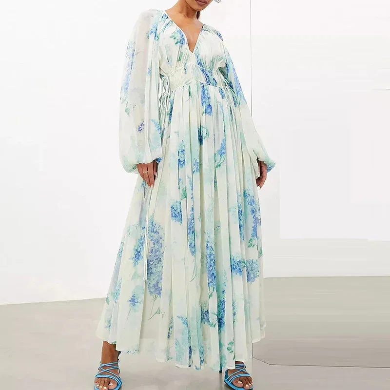 Long Sleeve Pleat Luxury Waist Drawstring Chiffon Elegant Printed V-neck Swing Floral Casual Dress