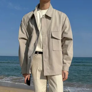 Men's Cargo Jackets Vintage Turn-down Collar Large Pockets Solid Color Baggy Male Short Coats Safari Style Spring 9C1111