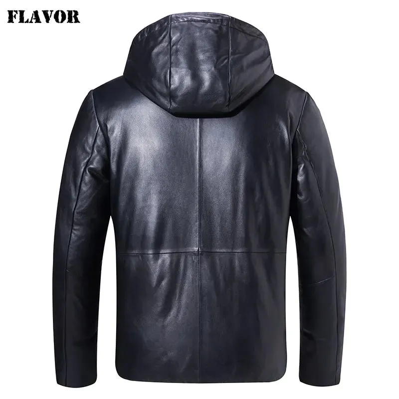 Men's Lambskin Leather Down Jacket with Hoodie