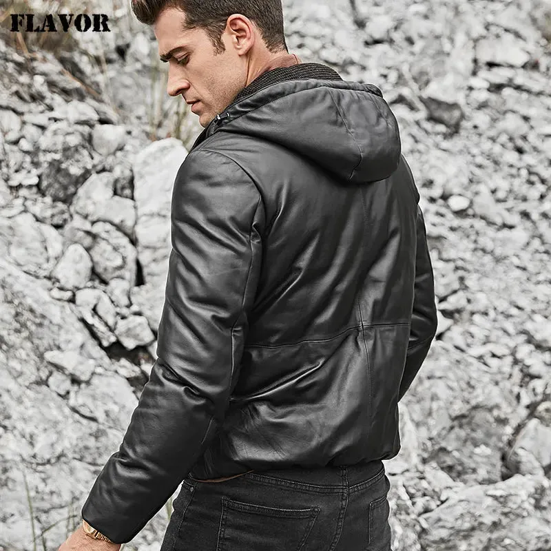 Men's Lambskin Leather Down Jacket with Hoodie