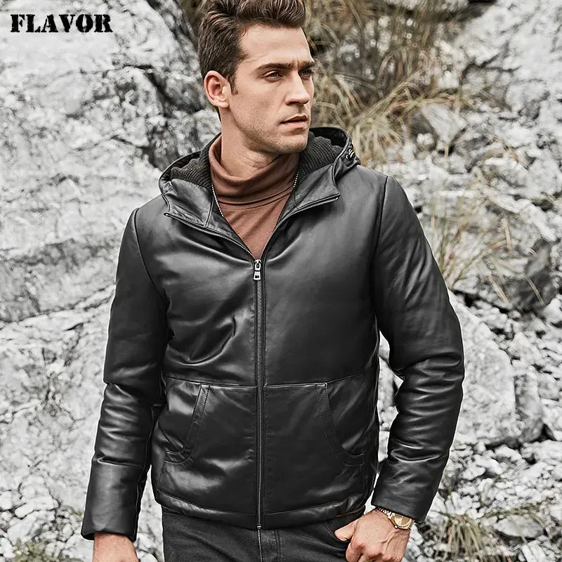 Men's Lambskin Leather Down Jacket with Hoodie