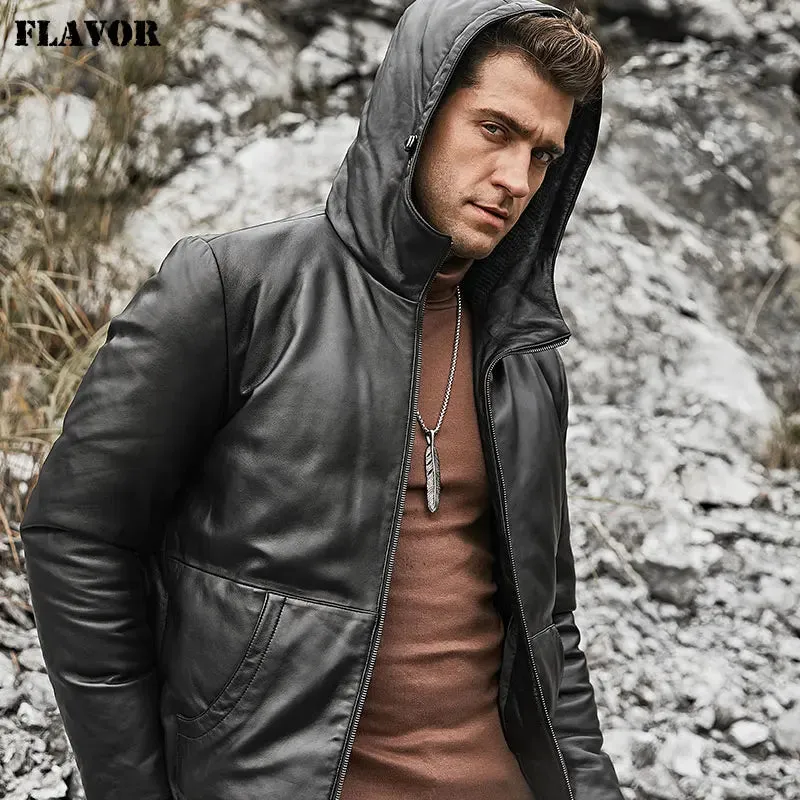 Men's Lambskin Leather Down Jacket with Hoodie