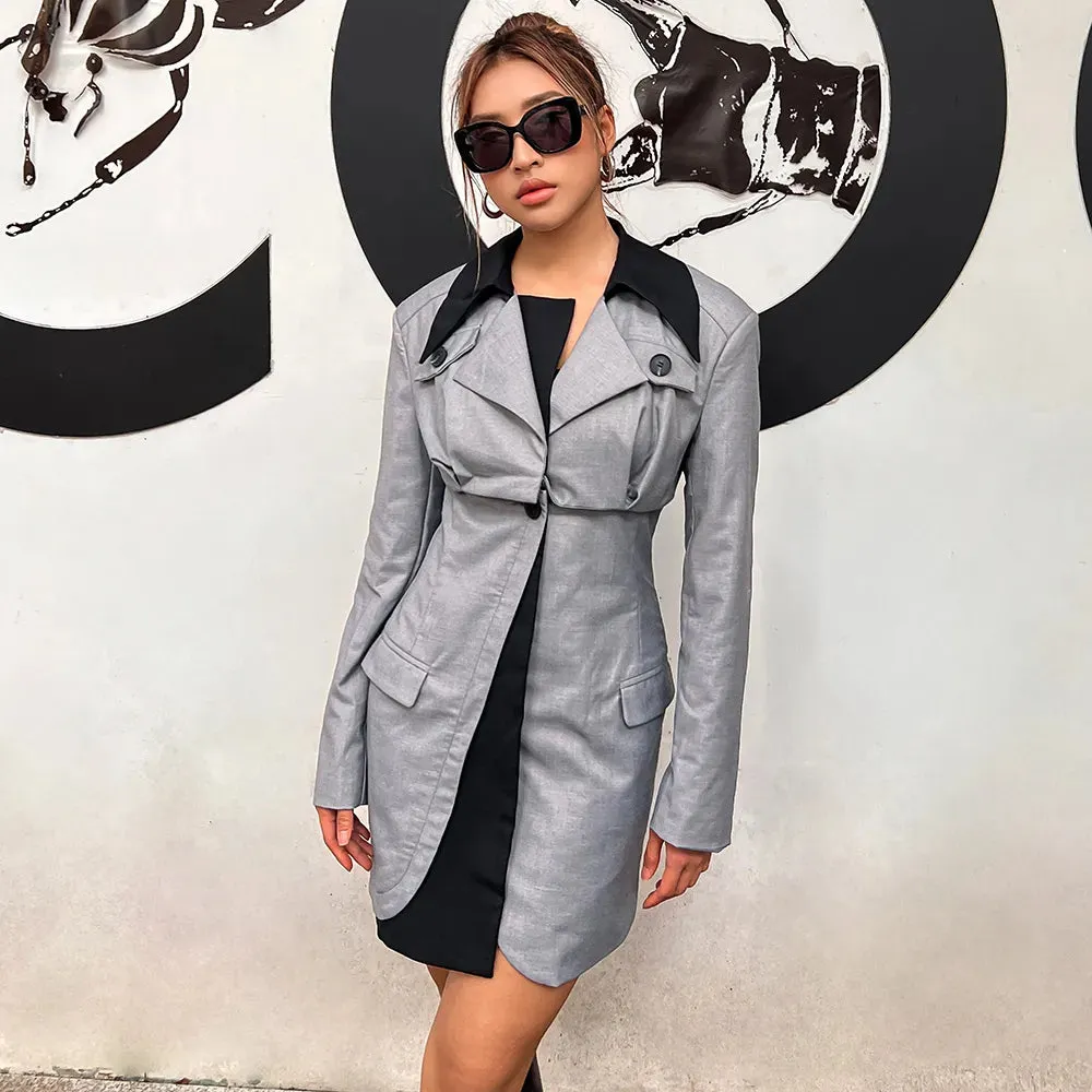 Patchwork Colorblock Blazer For Women Notched Collar Long Sleeve Single Button Blazers Female Fashion Clothes Style