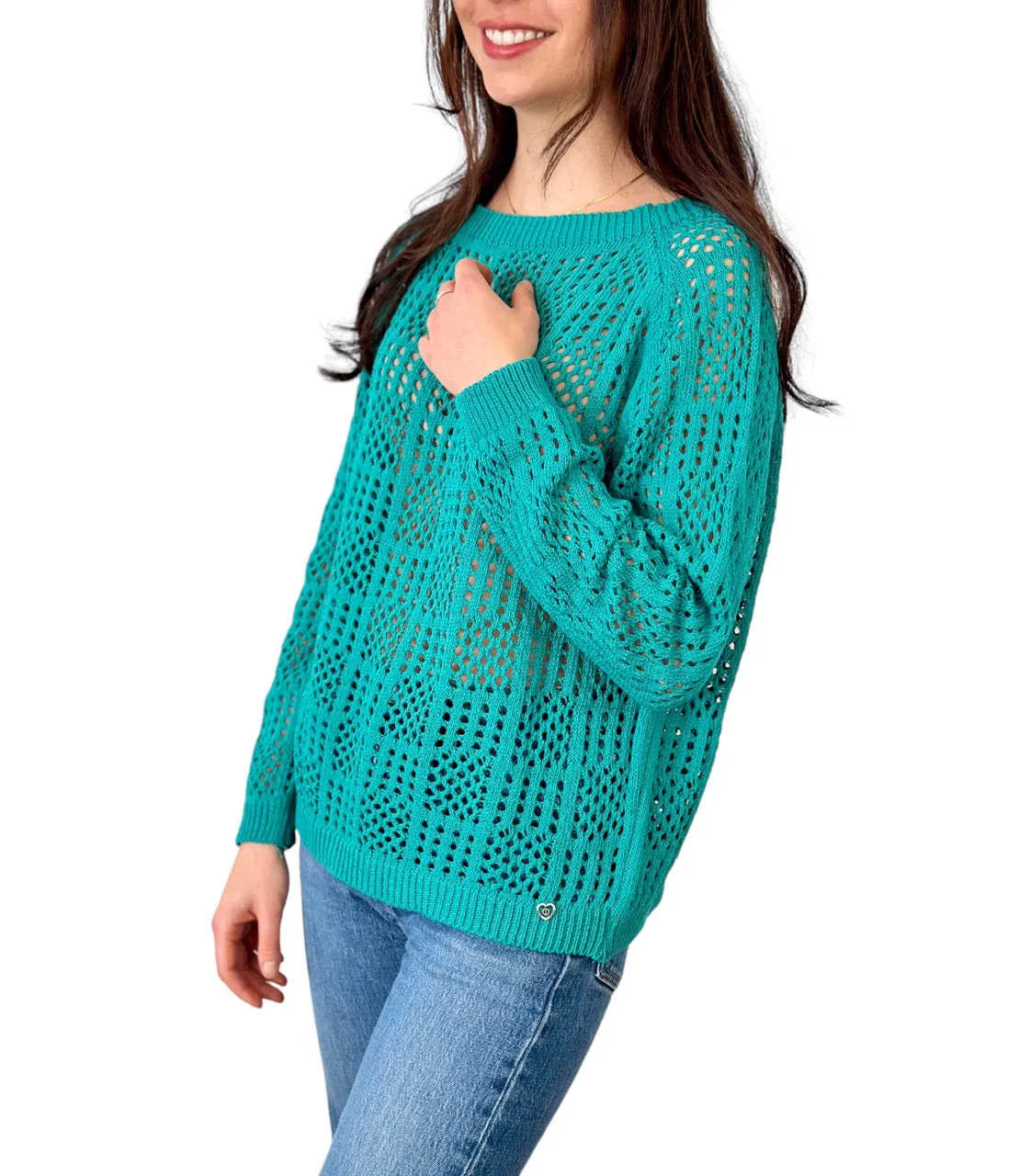 Please emerald perforated knit pullover