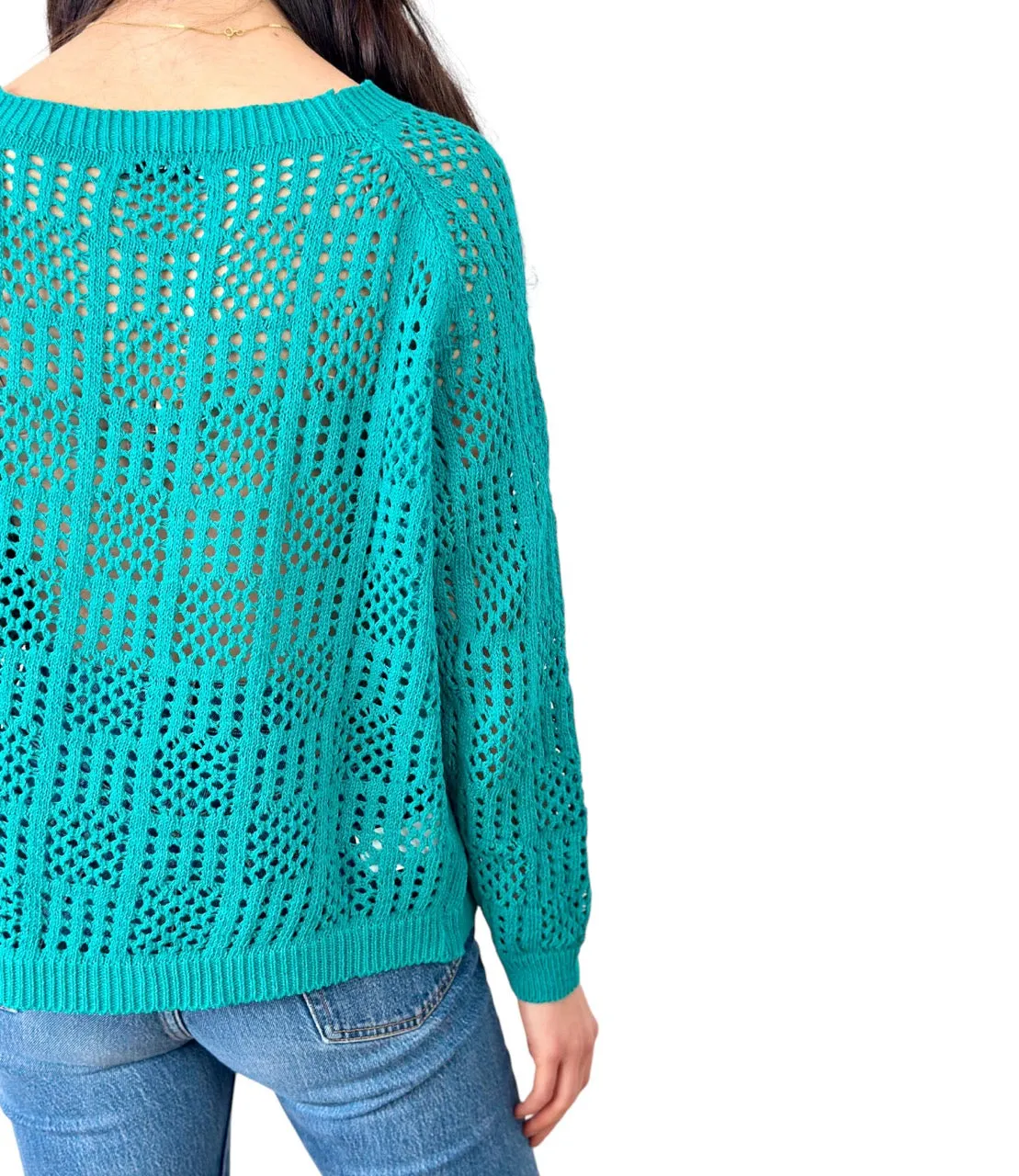 Please emerald perforated knit pullover