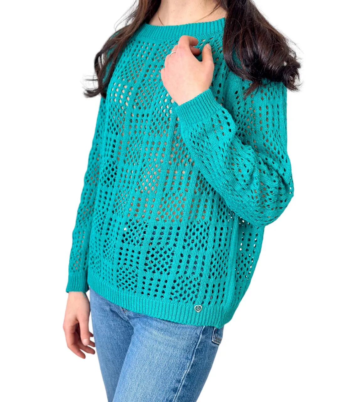 Please emerald perforated knit pullover