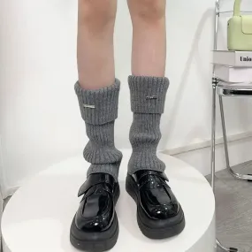 Sohiwoo Metal Label Leg Warmers Knitted Women Calf Socks Solid Color Vintage Winter Y2K Japanese Harajuku Pile Long Socks Leg Covers