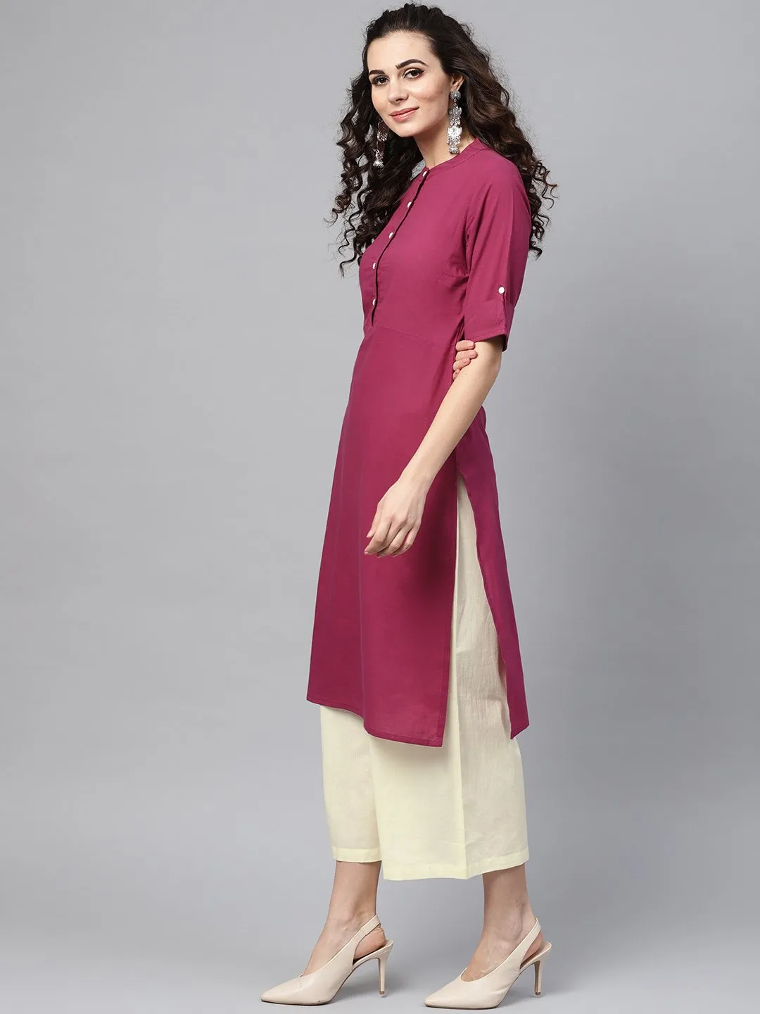 Solid Burgundy Straight Kurta Set With Cream Culottes