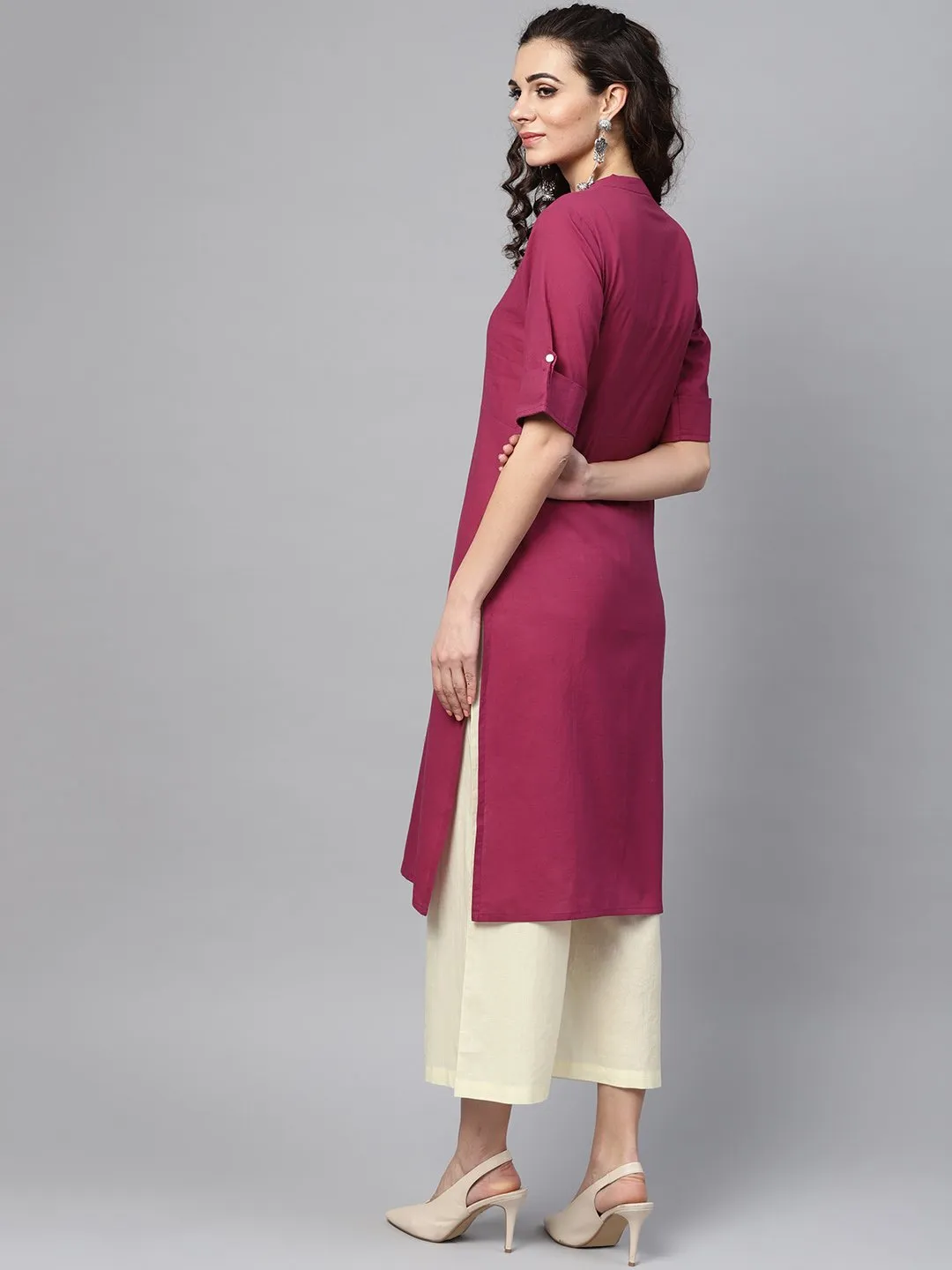 Solid Burgundy Straight Kurta Set With Cream Culottes