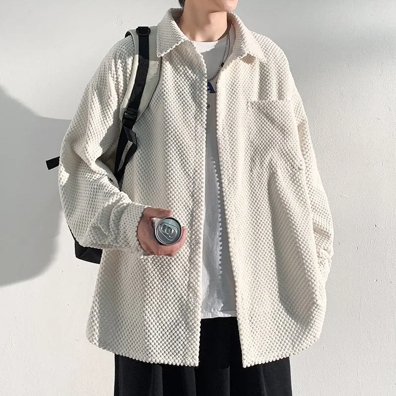 Spring Autumn Casual Premium Heavy Shirts Men Solid Loose Long Sleeve Shirts Male Hip Hop Thick Korean Man Woolen Coat New