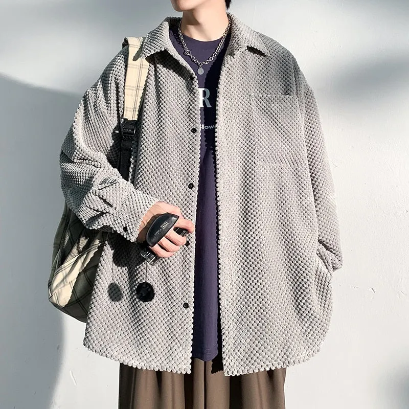 Spring Autumn Casual Premium Heavy Shirts Men Solid Loose Long Sleeve Shirts Male Hip Hop Thick Korean Man Woolen Coat New