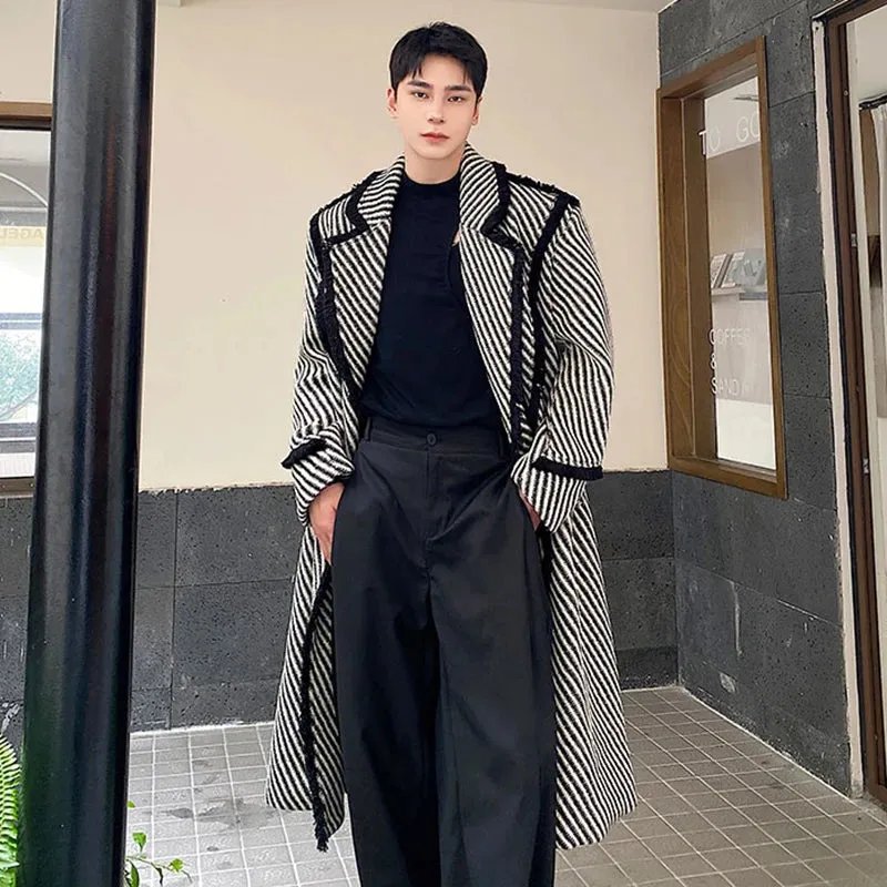 Striped Woolen Twill Lapel Coat