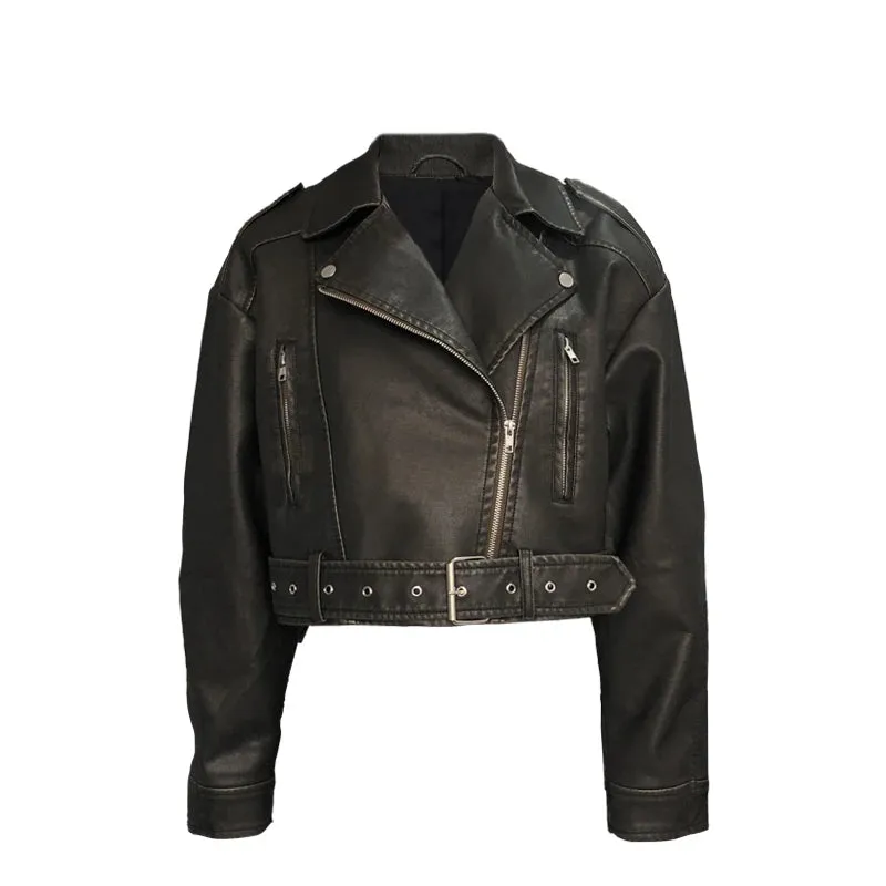Suninheart Spring Autumn Women Faux Pu Leather Short Jacket with Belt Motorcycle Biker Female Zipper Lapel Loose Coat Outwear