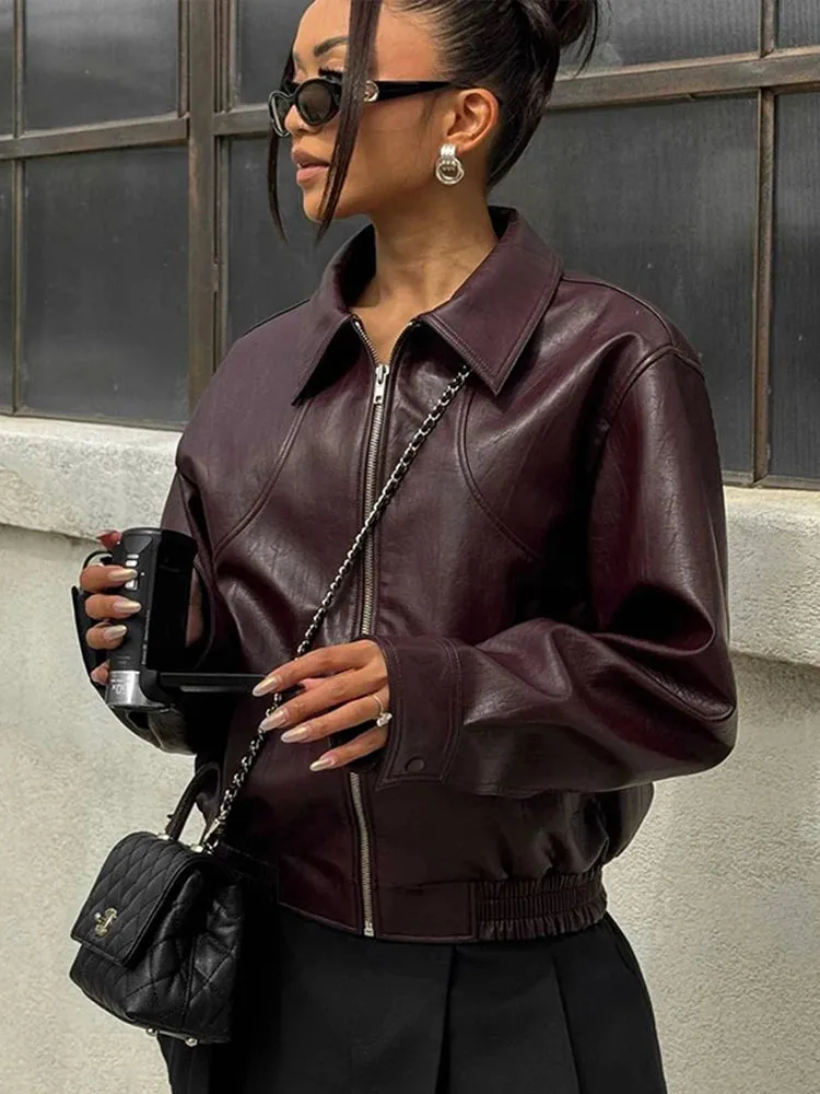 TAVIMART  -  Solid Zipper Leather Jacket For Women Casual Turn-down Collar Long Sleeve Female Coat 2024 New Autumn Casual Ladies Outerwears