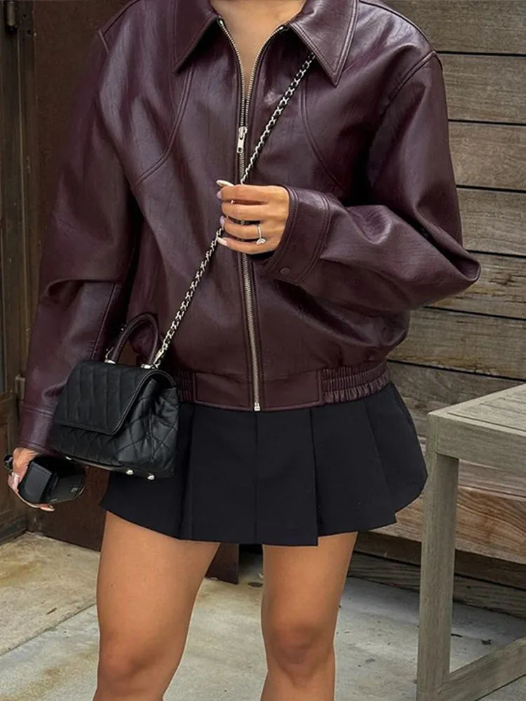TAVIMART  -  Solid Zipper Leather Jacket For Women Casual Turn-down Collar Long Sleeve Female Coat 2024 New Autumn Casual Ladies Outerwears