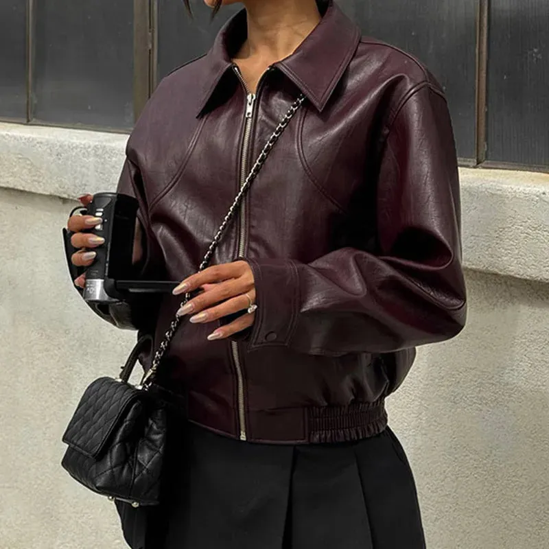 TAVIMART  -  Solid Zipper Leather Jacket For Women Casual Turn-down Collar Long Sleeve Female Coat 2024 New Autumn Casual Ladies Outerwears