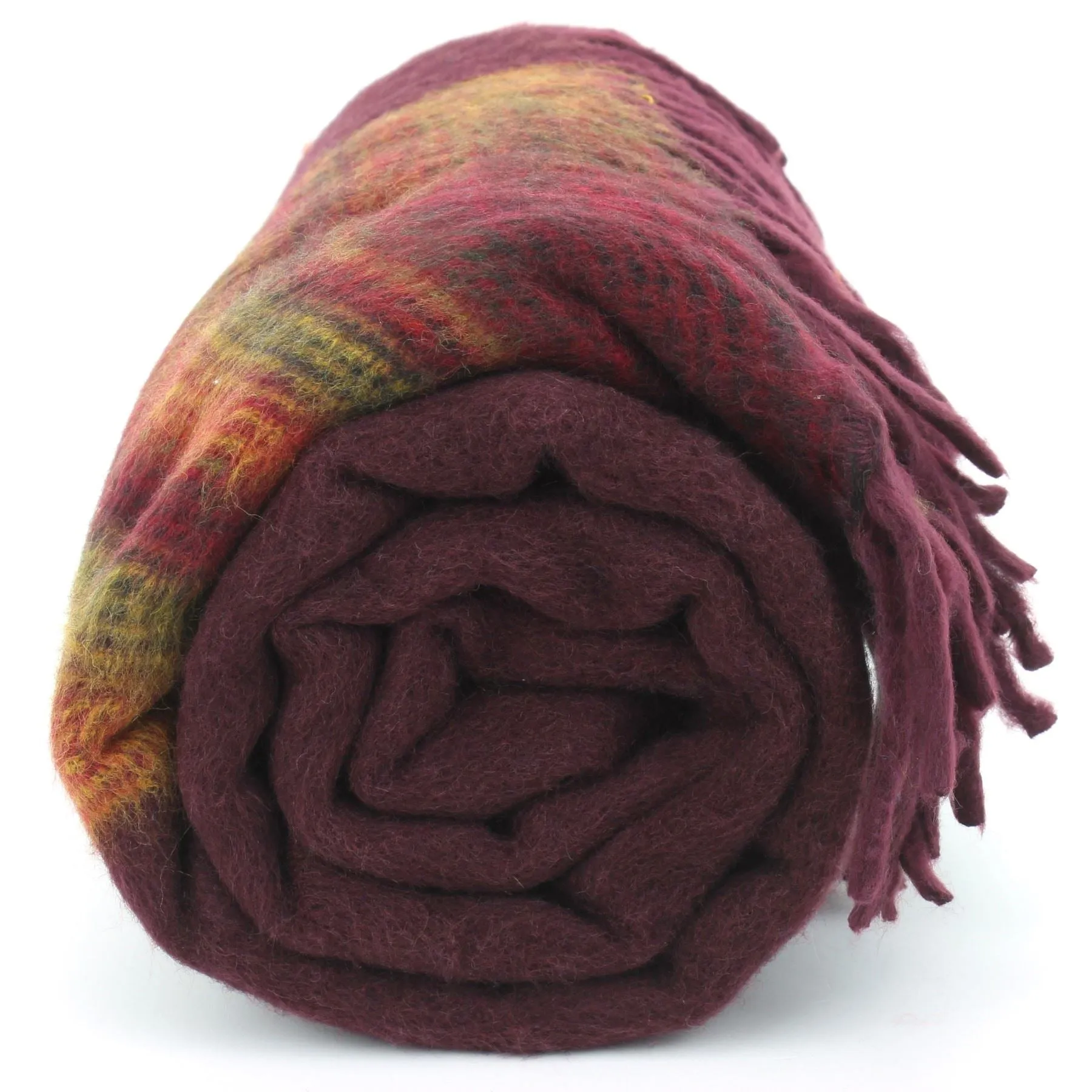 Tibetan Wool Blend Shawl Blanket - Maroon with Sunset Reverse
