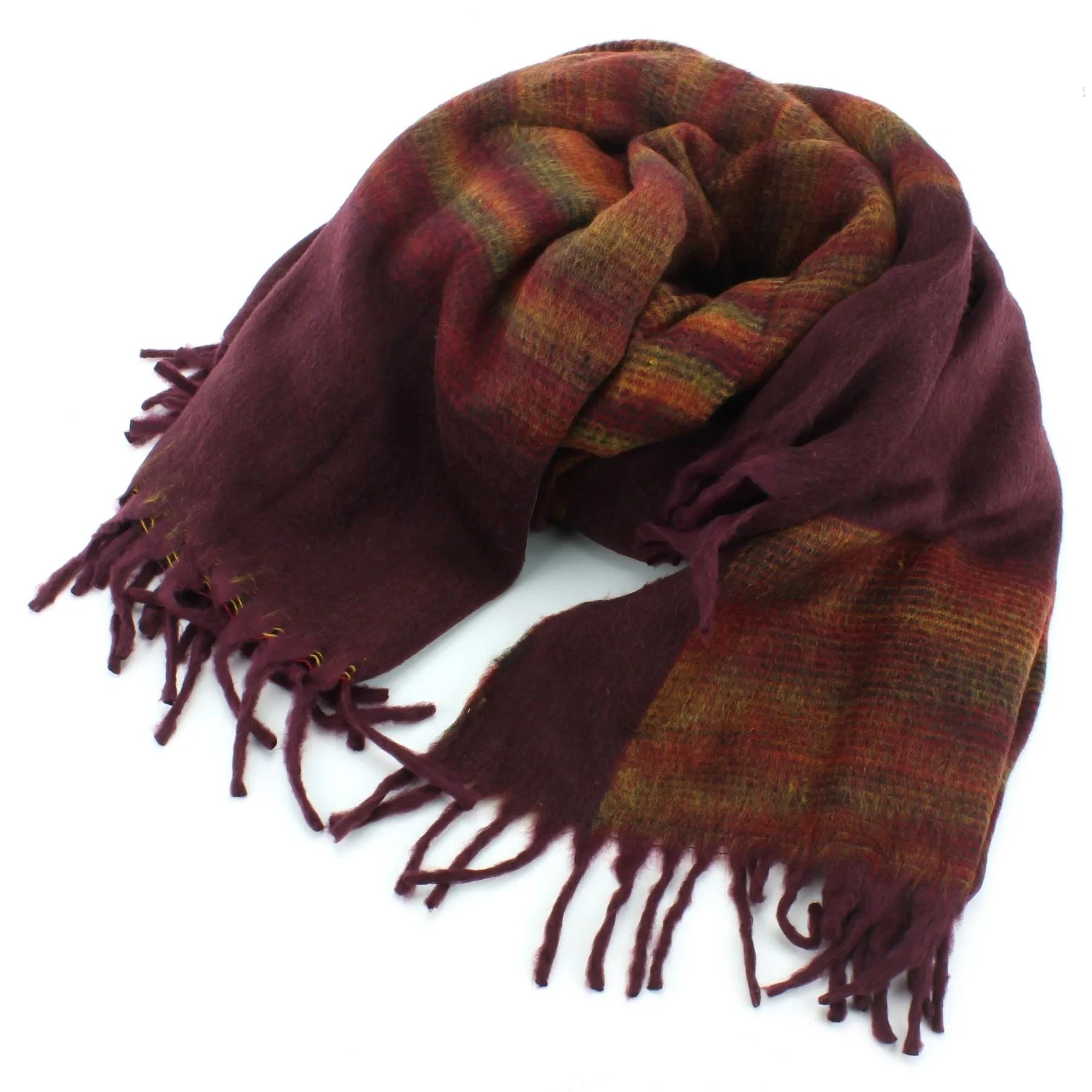 Tibetan Wool Blend Shawl Blanket - Maroon with Sunset Reverse