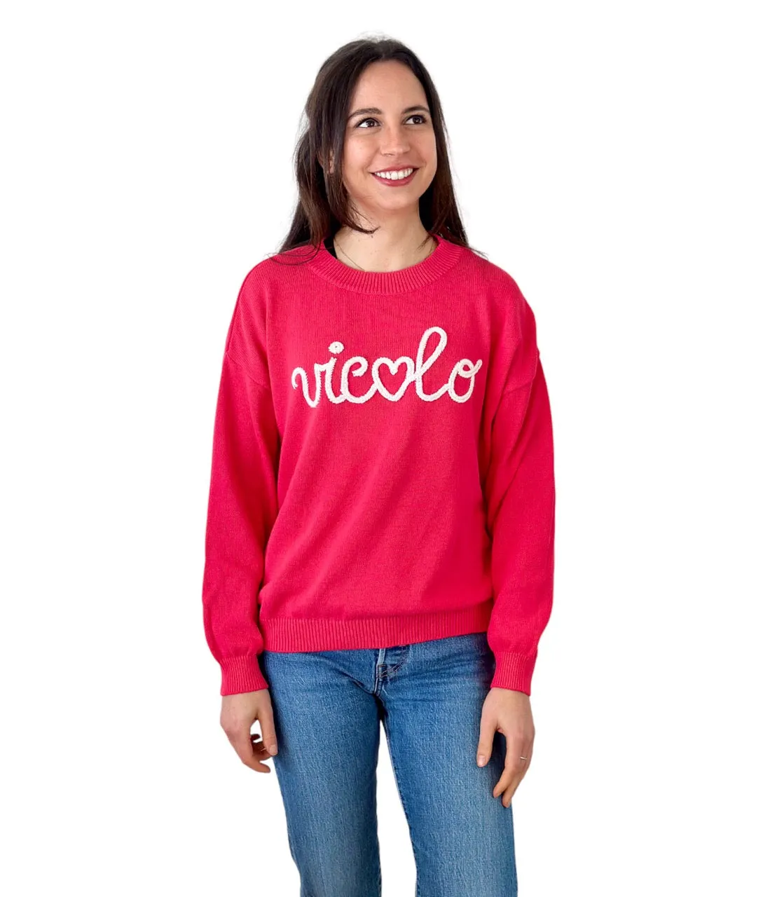 Vicolo raspberry embroidered logo cotton pullover