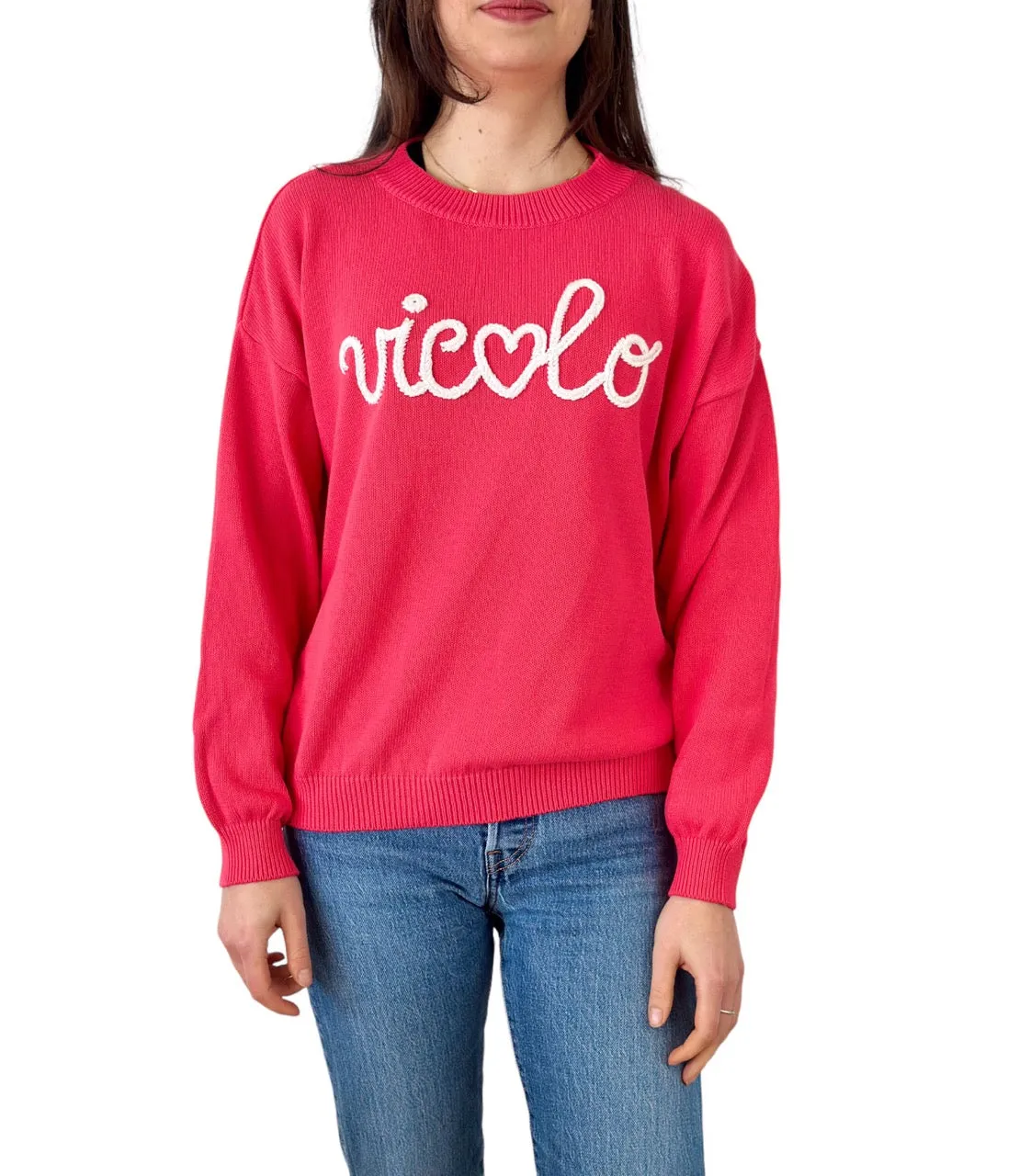 Vicolo raspberry embroidered logo cotton pullover
