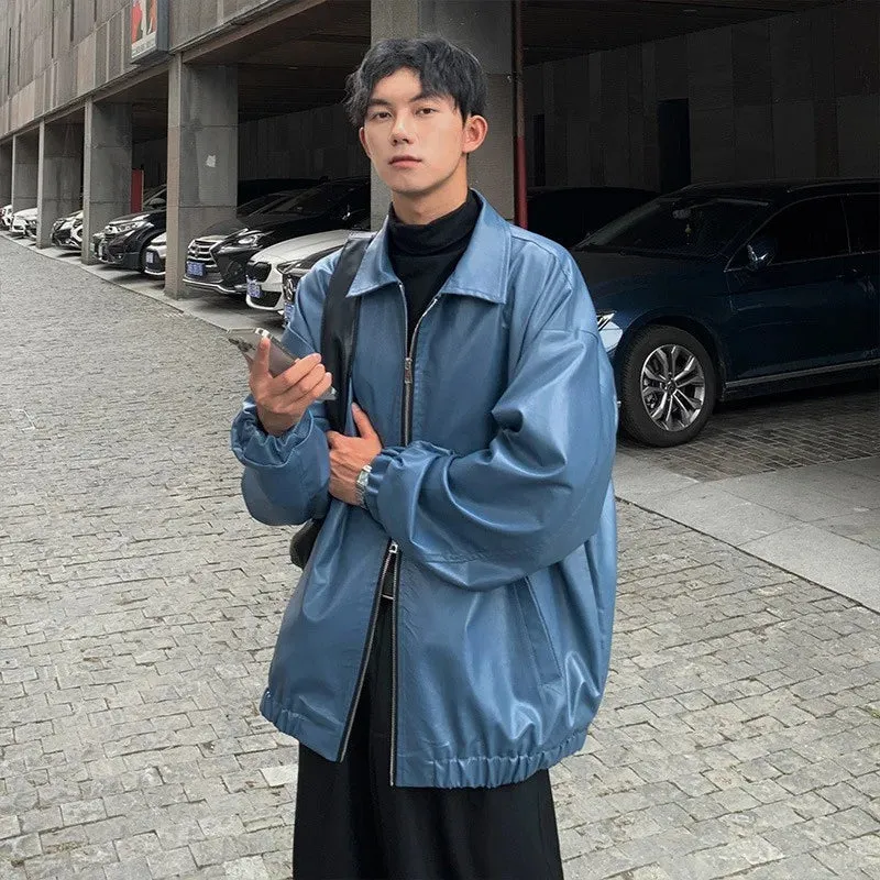 Wiaofellas  -  fall outfits men Men's Casual Texture PU Leather Jacket High Street Zipper Turn-down Collar Solid Color Long Sleeve Retro Coat Autumn M-3XL