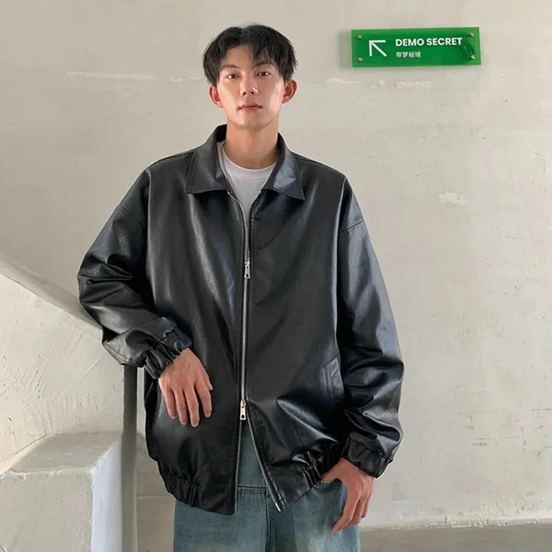 Wiaofellas  -  fall outfits men Men's Casual Texture PU Leather Jacket High Street Zipper Turn-down Collar Solid Color Long Sleeve Retro Coat Autumn M-3XL